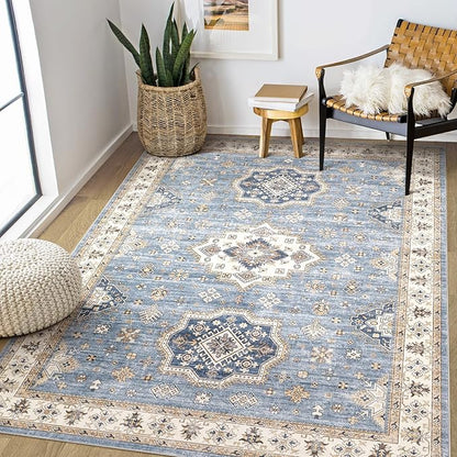 EIEIHOUSE Washable Area Rugs for Living Room - 6x9 Neutral Vintage Distressed Floral Farmhouse Boho Large Soft Floor Rug Indoor Non Slip Carpet for Living Room Bedroom Dining Room Office - Blue