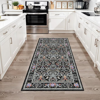 3x6 Washable Non-Slip Kitchen Runner Rug – Vintage Botanical with Animals Wide Floor Carpet Runner with Rubber Backing for Entryway, Hallway, Bathroom, Living Room, Low Pile Thin (Vibrant Black)
