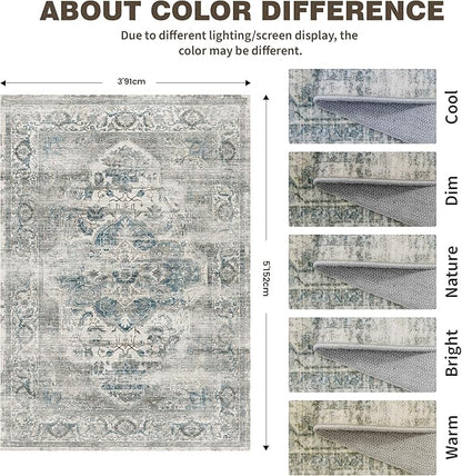 3x5 Washable Area Rug - Non-Slip Ultra Thin Rug for Entryway Stain Resistant Indoor Doormat for Living Room Vintage Watreproof Carpet for Bedroom Kitchen Laundry (Blue/Grey,3'x5')