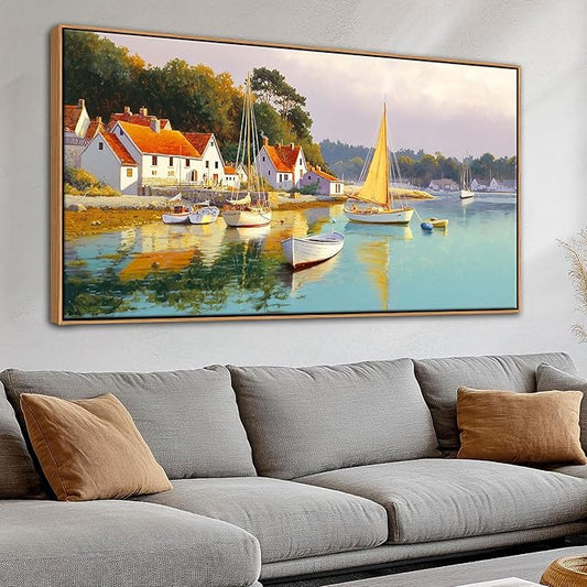 AJAZIKO Coastal Wall Art - Rustic Ocean & boat Canvas Art for Living Room & Bedroom Decor - Framed Landscape Artwork for Walls - Italian Farmhouse & Country Wall Decor Print Pictures24x48IN