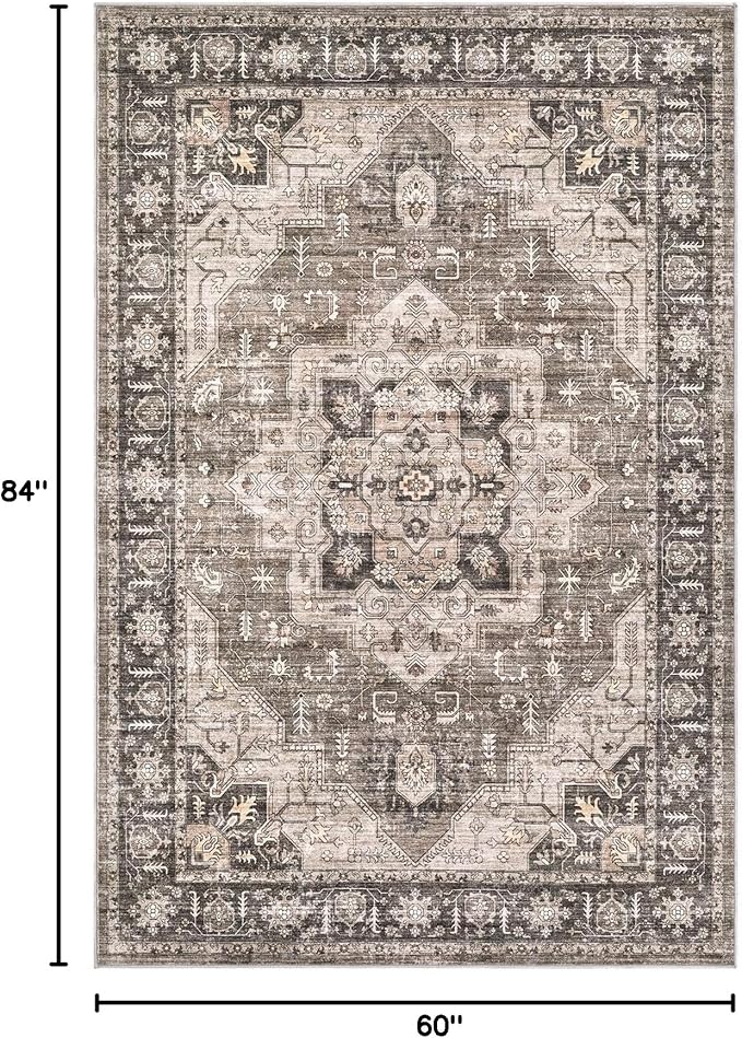 Area Rug 5x7 Washable Vintage - Soft Traditional Rugs for Living Room Large Non Slip Backing with Low Pile Farmhouse Oriental Retro Carpet for Bedroom Dining Room or Home Office - Dark Brown