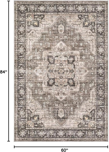 Area Rug 5x7 Washable Vintage - Soft Traditional Rugs for Living Room Large Non Slip Backing with Low Pile Farmhouse Oriental Retro Carpet for Bedroom Dining Room or Home Office - Dark Brown