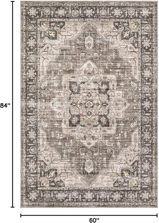 Area Rug 5x7 Washable Vintage - Soft Traditional Rugs for Living Room Large Non Slip Backing with Low Pile Farmhouse Oriental Retro Carpet for Bedroom Dining Room or Home Office - Dark Brown