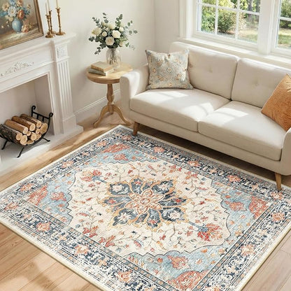 RELEANY Area Rugs 4'x6' Washable Non-Slip, Floral Vintage Distress Print Pattern Medallion Carpet for Living Room Bedroom Dining Room, Beige Navy Blue Orange Colorful