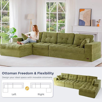MAXYOYO 132" L Shaped Modular Sectional Sofa with Ottoman, Cloud Boneless Couch with Layered Cushion, Upholstered Sofa in a Box, Flexible Module Combination for Living Room, No Assembly, Green