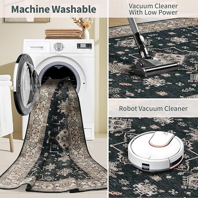 Rugxara 5x7 Area Rugs for Living Room Bedroom, Large Washable Rug, Black Vintage Floral Boho Rug, Non Slip & Low Pile Faux Wool Thin Carpet for Indoor Dining Room and Kids Room(Black 5x7ft)