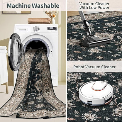 Rugxara 5x7 Area Rugs for Living Room Bedroom, Large Washable Rug, Black Vintage Floral Boho Rug, Non Slip & Low Pile Faux Wool Thin Carpet for Indoor Dining Room and Kids Room(Black 5x7ft)