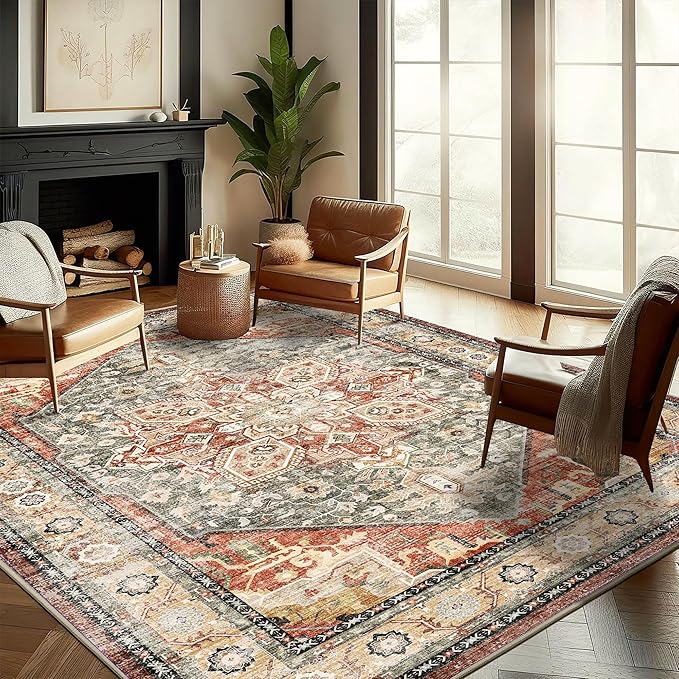 CHAMPLANT Washable Area Rug 8'x10' Red Khaki Retro Boho Design Non-Shedding Non-Slip Easy Care Ideal for High Traffic Areas in Living Room Bedroom Office Coffee Table Kitchen Large Carpet