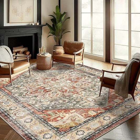 CHAMPLANT Washable Area Rug 8'x10' Red Khaki Retro Boho Design Non-Shedding Non-Slip Easy Care Ideal for High Traffic Areas in Living Room Bedroom Office Coffee Table Kitchen Large Carpet