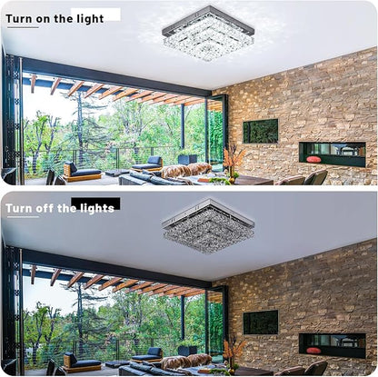 11.8" Crystal Chandelier LED Crystal Flush Mount Ceiling Light Modern Chandeliers Square Ceiling Light for Bedrooms Hallway Kitchen Office (6500K Cool White) Without Remote Control