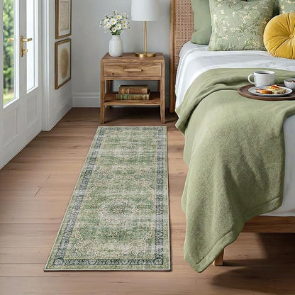 FMFUNCTEX 2x6 Hallway Runner Rug Green Vintage Washable Distressed Oriental Non Slip Low Pile Neutral Indoor Carpet Retro Antique Thin Entryway Rug for Kitchen Bedroom Bedside Laundry Entry Bathroom