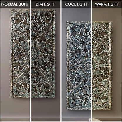 Madison Park Wall Art Living Room Décor - Floral Antiqued Wooden Carving Wall Decor Panel, Copper Embellished, Ready to Hang Wall Decor for Bedroom, 15.75"W x 31.5"L x 0.59"D, Patina Blue, 2 Piece