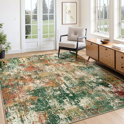 RELEANY Washable Area Rugs 5'x8' Non-Slip Modern Abstract Soft for Living Room Entryway Bedroom Nursery, Print Pattern, Green Orange Rust Red Cream Colorful