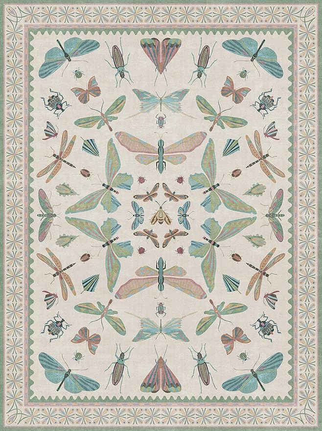 Green Butterfly Area Rug 9x12 for Girls Bedroom, Washable Floral Rug for Living Room & Dining Room Under Kitchen Table, Lightweight Large Insect Print Indoor Carpet