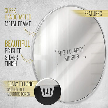 HBCY Creations Medium Round Mirror, Silver 30 inch Wall Mirror for Entryway, Bathroom, Living Room and More, Modern Minimalist Mirror for Both Rustic and Boho Design and Decor