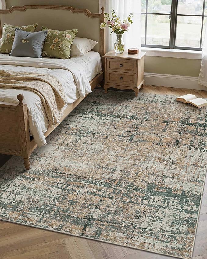 Rugxara 4x6 Rug for Living Room Bedroom, Grey Washable Throw Rugs, Abstract Area Rugs, Non Slip & Low Pile Accent Carpet for Indoor Dining Room, Kids Room and Office(Moss)