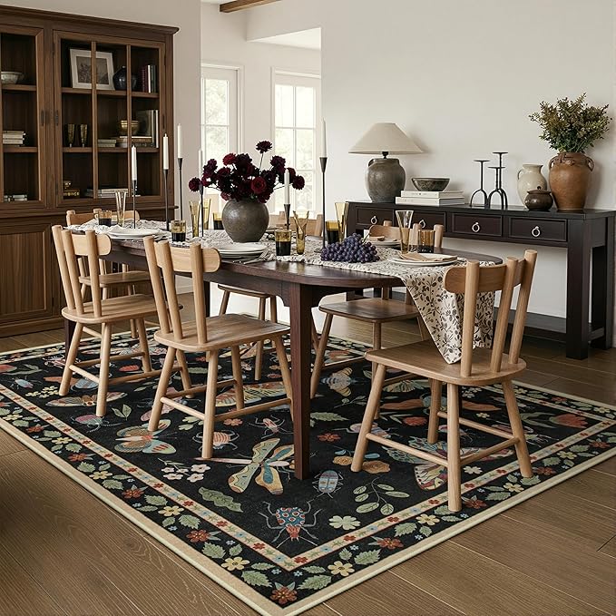 Lahome Insect Washable Rugs for Living Room, Soft Area Rug 6x9 Rug for Bedroom Ultra-Thin Non Slip Dining Room Rug, Stain Resistant Black Rug Large Carpet for Office Nursery Vionnet(6'x9',Black)