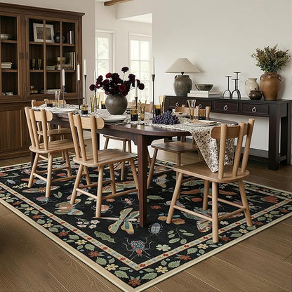 Lahome Insect Washable Rugs for Living Room, Soft Area Rug 6x9 Rug for Bedroom Ultra-Thin Non Slip Dining Room Rug, Stain Resistant Black Rug Large Carpet for Office Nursery Vionnet(6'x9',Black)