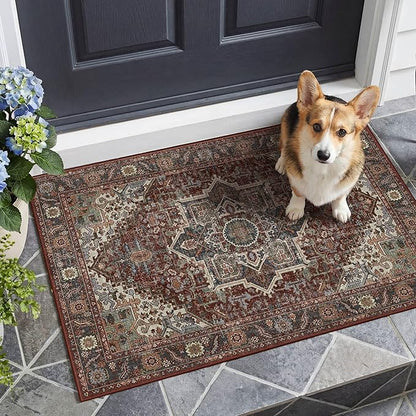 2x3 Washable Small Front Door Maroon with Vintage Orient Design, Soft Rug for Entryway or Kitchen, Non-Slip Low Pile Stain Resistance Features, Distressed Medallion Pattern