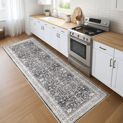 Runner Rug Kitchen Washable Rugs: 3x10 Non-Slip Boho Vintage Distressed Stain Resistant Indoor Floor Moody Oriental Throw Carpet for Hallway Bathroom Laundry Room Entryway Bedroom- Black