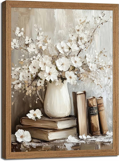 Framed Rustic Books Wall Art Farmhouse Floral Painting Picture Wall Decor Still Life Flowers Poster Print Artwork for Library Gallery Living Room Home Decoration