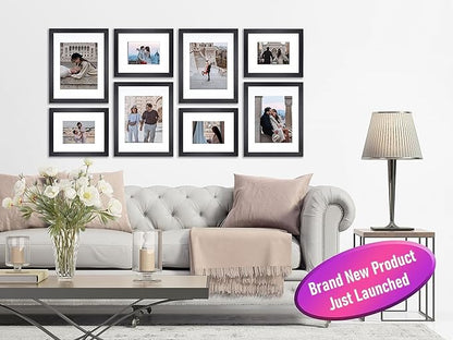8 Piece Large Rectangle Gallery Wall Frame Set - Photo Frame Set with Mat for 8x10 and 11x14 -Picture Frame Set for Wall Collage Made of Engineered Wood –Assorted Black Frames for Gallery Wall (Black)