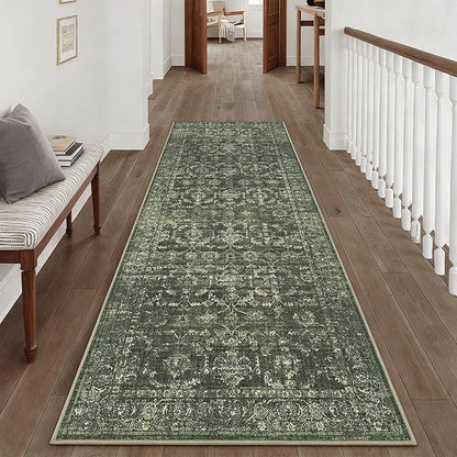 3x8 Green Runner Rug Hallway Washable Area Rugs Kitchen Vintage Boho Non Slip Long Rug Floral Carpet Indoor Retro Soft Low Pile Throw Rug for Bedroom Bathroom Laundry Dining Living Room Office