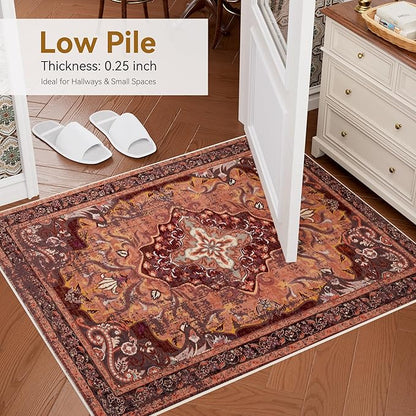 RUSHUFFY 5x7 Washable Area Rugs for Bedroom, Vintage Boho Distressed Print Pattern Rugs for Living Room, Soft Non-Slip Carpet for Indoor Dining Room Nursery Farmhouse Girls Room, Orange & Red