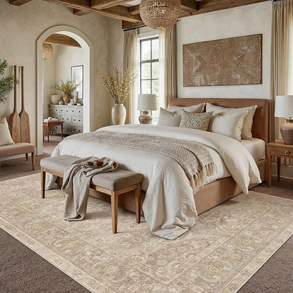 PureCozy Brown 5x7 Area Rug Washable Vintage Living Room Carpet Bedroom Indoor Non Slip Soft Low Pile Thin Stain Resistant Distressed Accent Throw Rug for Dining Office Nursery