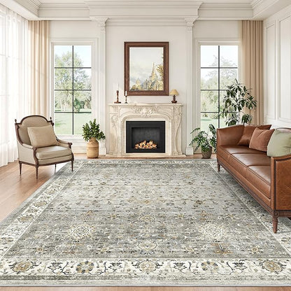 Washable 9x12 Area Rug - Soft Large Rugs for Living Room Thin Stain Resistant Vintage Carpet for Bedroom with Non Slip Backing for Bedroom Dining Room Home Decor (Ivory/Grey,9'x12')
