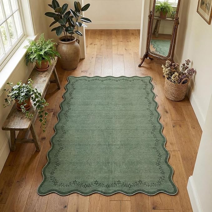 GarveeHome 3x5 Scalloped Washable Area Rug for Bedroom,Soft Solid Dark Green Entryway Rug Farmhouse Kitchen Mat Non Slip Low Pile Carpet Stain Resistant Throw Rug for Bedside Kids Room