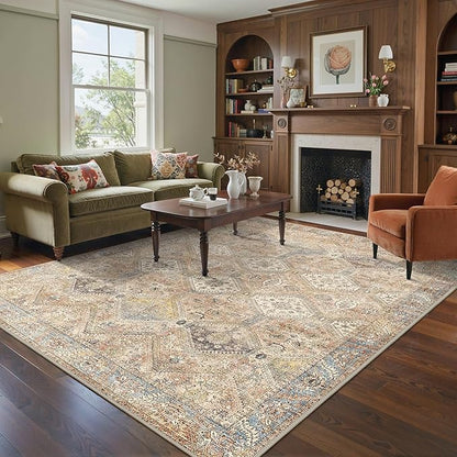 Bavni 8x10 Area Rug Washable Rug for Living Room Bedroom, Vintage Print Carpet, Low Pile Lightweight Mat with Non Slip Backing, Pale Warm Yellow