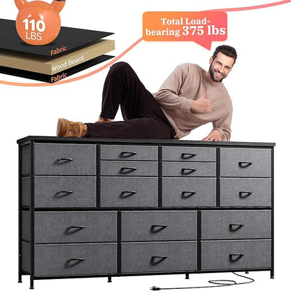16 Drawers Long Dresser for Bedroom, 51"W Dressers with Power Outlets for 60"Inch TV for Living Room, Entertainment Center with Storage, Media TV Stand Console Table 51.1''W*11.8''D*34.8''H, Grey