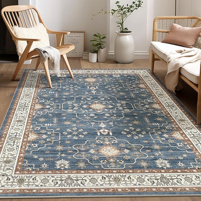 5x7 Area Rug for Living Room- Machine Washable Soft Oriental Vintage Large Indoor Floor Carpet for Bedroom Under Dining Table Home Office Decor - Dark Blue