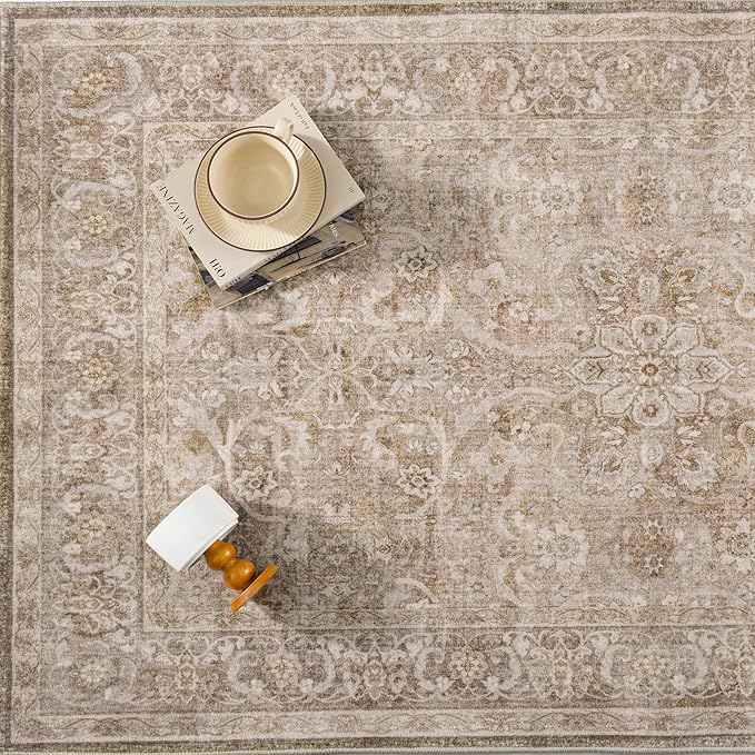 PureCozy Brown 8x10 Area Rug Washable Living Room Vintage Carpet Bedroom Large Indoor Non Slip Soft Low Pile Thin Stain Resistant Distressed Accent Throw Rug for Dining Office Nursery