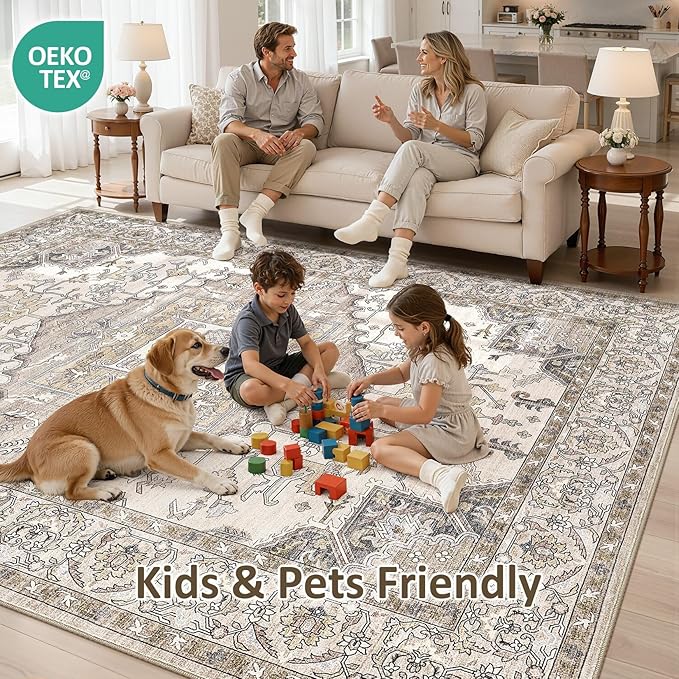 9x12 Washable Area Rugs for Living Room: Non Slip Vintage Brown Rug, Large Soft Stain Resistant Indoor Floor Carpets for Bedroom Dining Room Farmhouse Nursery Home Office Kid & Pet Friendly