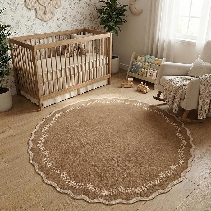 GarveeHome Round Area Rugs 5ft for Bedroom, Solid Brown Washable Circle Rug Soft Non Slip Floral Print Floor Mat Carpet Indoor Thin Rug for Kids Room Dining Room Playroom Nursery