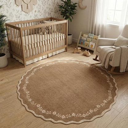 GarveeHome Round Area Rugs 6ft for Bedroom, Solid Brown Washable Circle Rug Soft Non Slip Floral Print Floor Mat Leaves Carpet Indoor Thin Rug for Living Room Dining Room Playroom Nursery