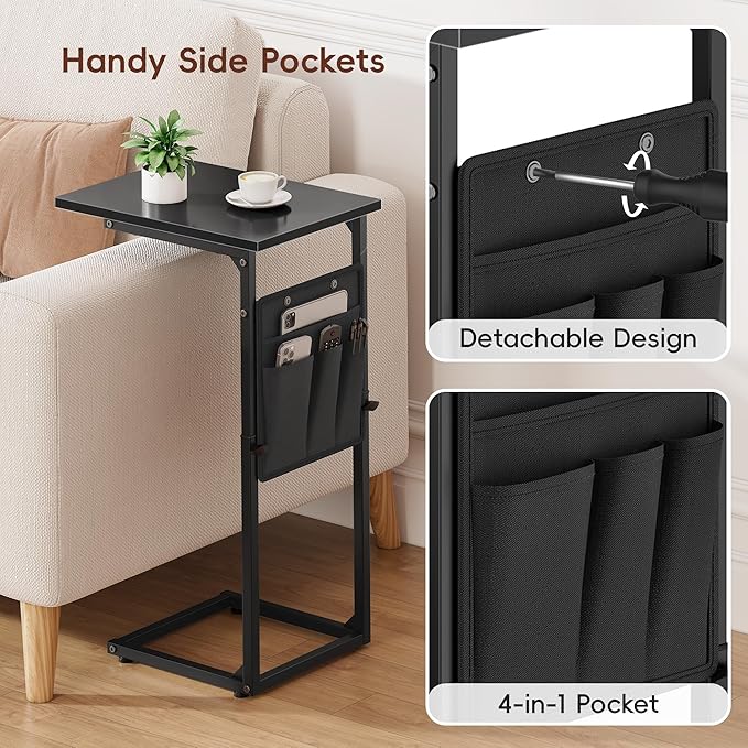 Vagusicc C-Shaped End Table, Small Side Table for Couch, Sofa Table Adjustable Height End Tables Living Room, Bedside Slide Under Couch Table for Sofa, TV Tray Table with Metal Frame for Bedroom,Black