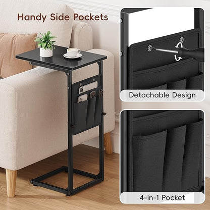 Vagusicc C-Shaped End Table, Small Side Table for Couch, Sofa Table Adjustable Height End Tables Living Room, Bedside Slide Under Couch Table for Sofa, TV Tray Table with Metal Frame for Bedroom,Black