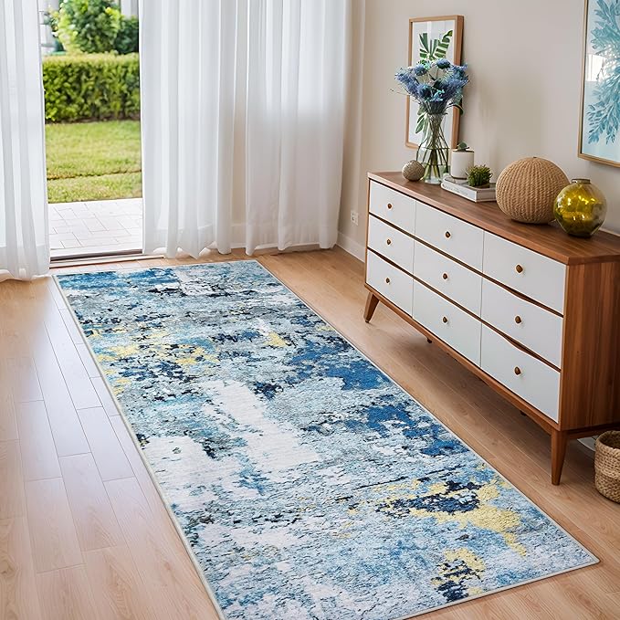 2x6 Runner Rugs for Hallways Kitchen Runner - Washable Runner Rug with Non Slip Rubber Backing, Soft Abstract Carpet Long Hallway Runners for Bedroom, Bathroom, Enterway(Blue)