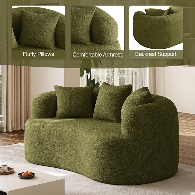 68.5" Loveseat Sofa for Living Room, Modern Luxury Plush Chenille Extra Deep Seat Curved Cloud Floor Couch with 3 Throw Pillows for Small Spaces, No Assembly Needed, Sage Green