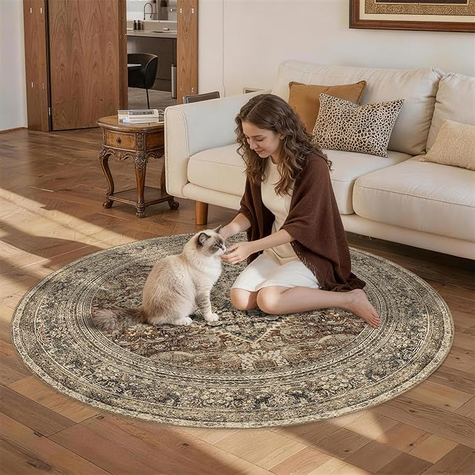 Large Round Rug 6ft: Vintage Round Area Rugs for Living Room Bedroom Office Study Room - Soft Non-Slip Circle Carpet 6' - Oriental Dark Brown