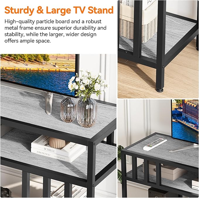 65'' TV Stand for Television up to 75 Inches, Entertainment Center with 3-Tier Open Storage Shelves, TV Media Console Table with Quadruple-Tube Support for Living Room, Grey
