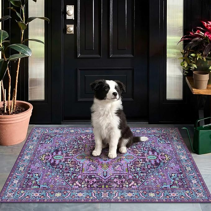 2x3 Washable Small Front Door Violet Purple with Vintage Orient Design, Soft Rug for Entryway or Kitchen, Non-Slip Low Pile Stain Resistance Features, Distressed Medallion Pattern