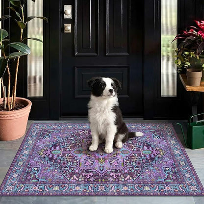 2x3 Washable Small Front Door Violet Purple with Vintage Orient Design, Soft Rug for Entryway or Kitchen, Non-Slip Low Pile Stain Resistance Features, Distressed Medallion Pattern