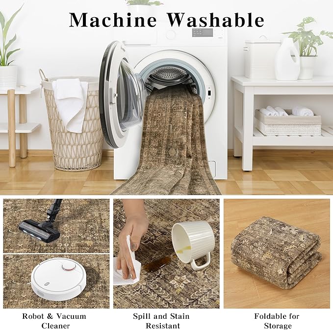 9x12 Brown Washable Area Rugs for Living Room Non Slip Low Pile Vintage Boho Throw Rug Soft Retro Distressed Floral Large Carpet Indoor Farmhouse Decor for Bedroom Dining Room Office Kitchen Playroom