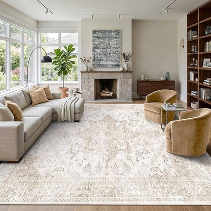 Rugxara 10x14 Extra Large Washable Area Rug, Soft Neutral Vintage Boho Rug for Living Room, Bedroom, Office, Farmhouse, Low Pile Imitation Wool Non Slip Carpet Ideal for High-Traffic Areas, Beige