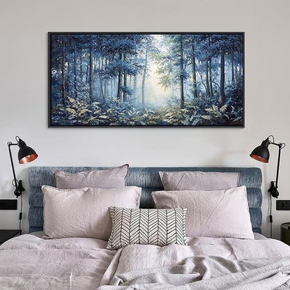 Forest Canvas Wall Art for Living Room - Navy Blue Bedroom Wall Art, Landscape Pictures Wall Decor, Forest Painting, Framed Nature Tree Artwork Walls 24×48IN
