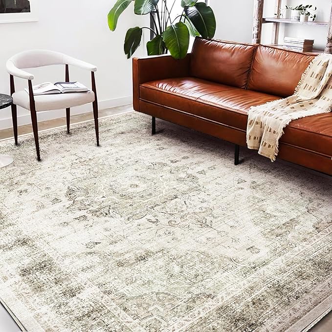 CHAMPLANT Area Rug 6'x9' Washable Vintage Floral Khaki Traditional Floor Cover Thin Retro Kitchen Indoor Distressed Non Slip Carpet for Living Room Bedroom Dining Room